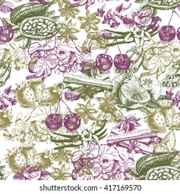 Seamless pattern with fruit and spices in vintage style. Vector background with vanilla, cherry, strawberry, cocoa and anise for scrapbook, poster, postcard. 
