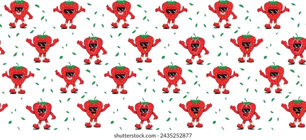 Seamless pattern of fruit strawberry characters. Modern illustration with cute strawberry mascots in different poses and emotions.