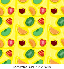 seamless pattern of fruit strawberry cherry orange Apple apricot kiwi on a yellow background. Vector image eps 10
