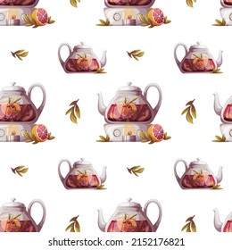 Seamless pattern with fruit tea in teapots. Tea shop, break, cafe-bar, tea lover, tea party, beverages concept. Perfect for product design, scrapbooking, textile, wrapping.