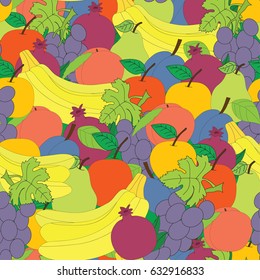 Seamless pattern from fruit. A vector picture with apple, bananas, a pear, plum, a peach, grapes, pomegranate.