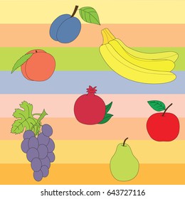 Seamless pattern of fruit. Vector picture apple, pear, pomegranate, bananas, plum, peach, grapes