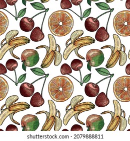 Seamless pattern fruit vector,orange,cherry,banana,apple watercolor. Multifruit watercolor pattern on a white background. Vector mix of fruits.Fruit in the sketch style.