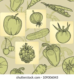 Seamless pattern of fruit, vegetables and berries. Hand drawing,  illustration