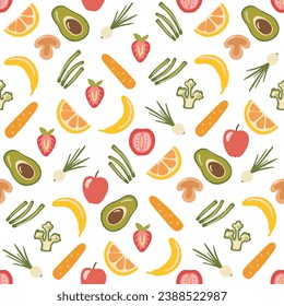 Seamless pattern with fruit and vegetables in hand drawn style. Flat illustrations isolated on white. Doodles apple, broccoli, avocado.