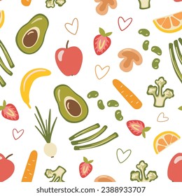 Seamless pattern with fruit and vegetables in hand drawn style. Flat illustrations isolated on white. Doodles apple, broccoli, avocado.