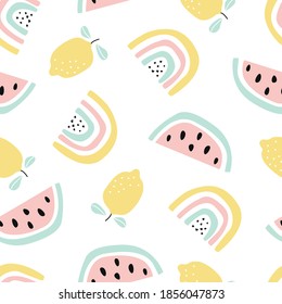 Seamless pattern with fruit watermelon, lemon and rainbow. Vector illustration with flowers, in a modern cartoon style, for printing on packaging paper, postcard, poster, banner, clothing. 