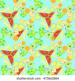 seamless pattern the fruit watermelon, orange, kiwi, grapes, banana, pear on a blue background vector illustration