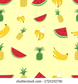 Seamless pattern of fruit, watermelon, pineapple, banana, with soft yellow background.