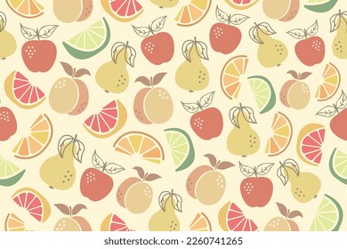Seamless pattern with fruits. Abstract flat Boho pattern with lime, lemon, orange, apple, peach and pear. Seamless, repeating pattern design