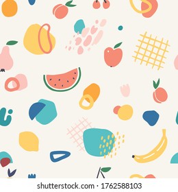 Seamless pattern with fruits and abstract shapes in modern contemporary collage style.