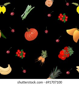 Seamless Pattern with fruits ans vegetables on black. 