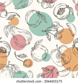 Seamless pattern with fruits: apple fruit, pear, peach frut and cherry. Vector hand drawn illustration.