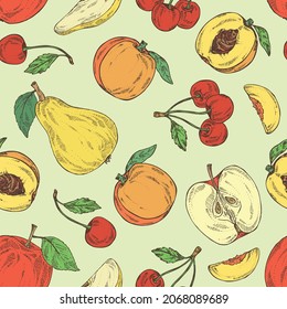 Seamless pattern with fruits: apple fruit, pear, peach frut and cherry. Vector hand drawn illustration.