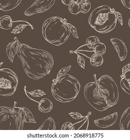 Seamless pattern with fruits: apple fruit, pear, peach frut and cherry. Vector hand drawn illustration.