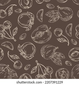 Seamless pattern with fruits: apple fruit, apricot, japanese: medlar fruit and cherry. Vector hand drawn illustration.