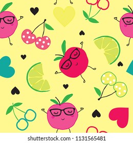 patrón transparente con ilustración vectorial de frutas, manzanas, limón, cerezo