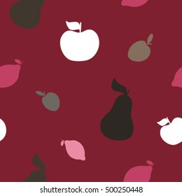 Seamless pattern with fruits. Apple, lemon, pear, plum.