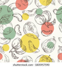 Seamless pattern with fruits: apple, pear, quince frut and plum. Vector hand drawn illustration.