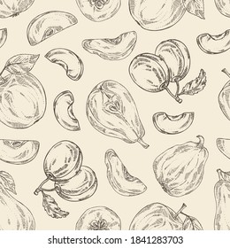 Seamless pattern with fruits: apple, pear, quince frut and plum. Vector hand drawn illustration.