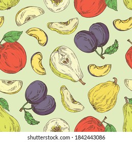 Seamless pattern with fruits: apple, pear, quince frut and plum. Vector hand drawn illustration.