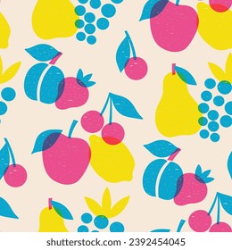 Seamless pattern with fruits, apple, pear, cherries, plum, pear, grapes, strawberry, lemon in risograph style. Vector graphics.