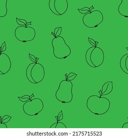 Seamless pattern with fruits. Apples, apricot and pears drawn with black marker on green paper. Seamless background with apple, apricot and pear. Vector illustration set of fruits.