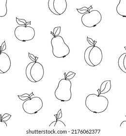 Seamless pattern with fruits. Apples, apricot and pears drawn with black marker on white paper. Seamless background with apple, apricot and pear. Vector illustration set of fruits.