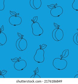 Patrón sin foco con frutos. Manzanas, albaricoque y peras dibujadas con un marcador negro sobre papel azul. Fondo sin soldadura con manzana, albaricoque y pera. Conjunto de ilustraciones vectoriales de frutos.