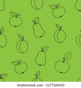 Seamless pattern with fruits. Apples, apricot and pears drawn with black marker on green paper. Seamless background with apple, apricot and pear. Vector illustration set of fruits.