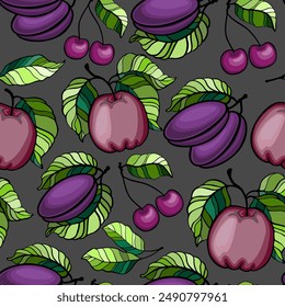 Seamless pattern with fruits. Apples, cherries, plums.
