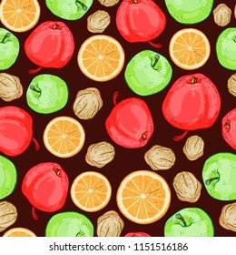 Seamless pattern of fruits, apples, nuts and oranges.