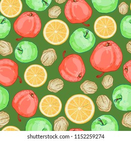 Seamless pattern of fruits, apples, nuts and oranges.