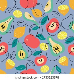 Nahtlose Muster von Obstäpfeln, Birnen, Zitronen, Halbblättern, Broschüren auf blauem Hintergrund in Vektorgrafiken. Zum Bedrucken auf Kissen, Geschirr, Packpapier, Deckel für Notebooks, Telefone.