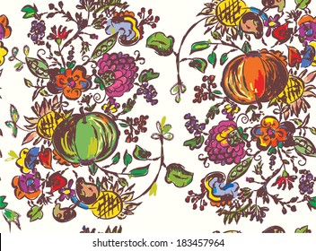 Seamless pattern with fruits for autumn hand drawn art