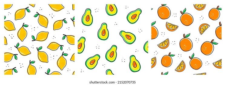 Seamless pattern of fruits background elements. lemon, avocado, orange, fruit simple shapes. for prints, wallpaper, textiles. 