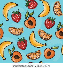 Seamless pattern of fruits background elements on a beige background. Set with hand drawn fruit doodles. Tropical pattern of banana, peach, strawberry, and orange on a blue background.