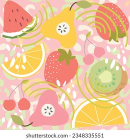 Seamless pattern of fruits background elements. Set with hand drawn fruit doodles. Tropical pattern of banana, apple, pear, peach, strawberry, lemon, cherry, and watermelon, kiwi