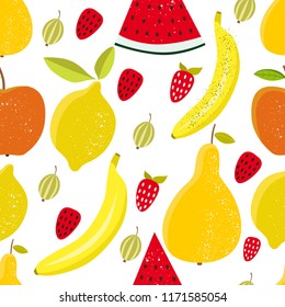 Seamless pattern with fruits. Banana, watermelon, pear, lemon, strawberry.