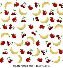 Seamless pattern with fruits. Bananas, cherries, apples. Vector drawing.