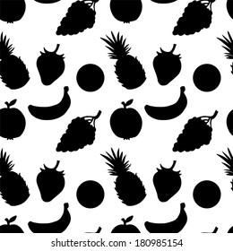 Seamless Pattern with Fruits and Berries in Black and White. Pineapple. Strawberry. Apple. Orange. Grapes. Banana - vector