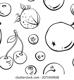 Seamless pattern with fruits and berries in black line sketchy style isolated on white background. Doodle hand drawn vector illustration