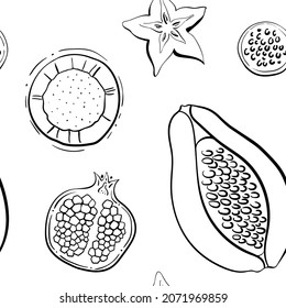 Seamless pattern with fruits and berries in black line sketchy style isolated on white background. Doodle hand drawn vector illustration