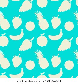 Seamless pattern with fruits and berries in blue and white. Pineapple. Strawberry. Apple. Oranges. Grapes. Banana. Endless print silhouette texture. Retro. Vintage style - vector 
