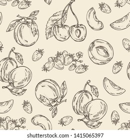 Seamless pattern with fruits and berries: cherry, plum, apricot and wild strawberry. Vector hand drawn illustration