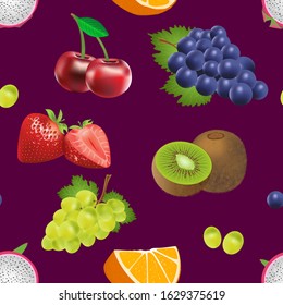 Seamless pattern of fruits and berries, cherry, strawberries, grapes, orange, kiwi
