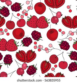 Nahtlose Muster mit Früchten und Beeren - Kirschen, Erdbeeren und Himbeeren. Endlose Textur, weißer Hintergrund.