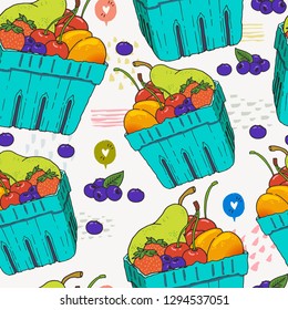 Seamless pattern with fruits and berries in disposable blue carton boxes. Hand drawn vector illustration of local summer fruits. Colorful background with vegetarian and vegan food, healthy raw snack.