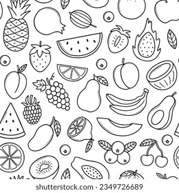 Seamless pattern of fruits and berries doodle set.  Vegetarian food, natural tropical fruit, citrus in sketch style.  Hand drawn vector illustration 