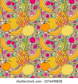 Seamless pattern with fruits, berries. Food background texture. Fabric design